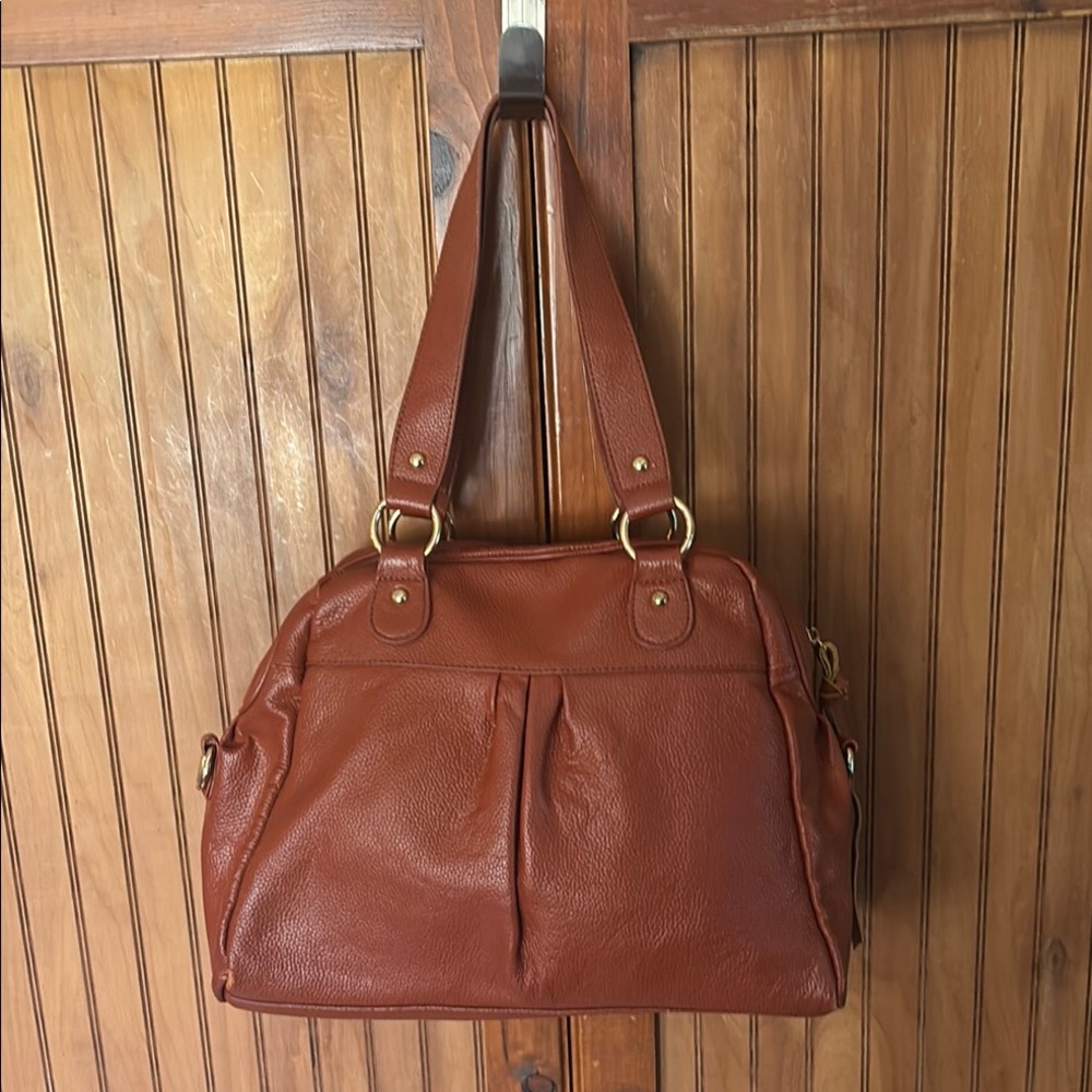 Brown Leather Shoulder Bag with Dome Shape and Metal Hardware